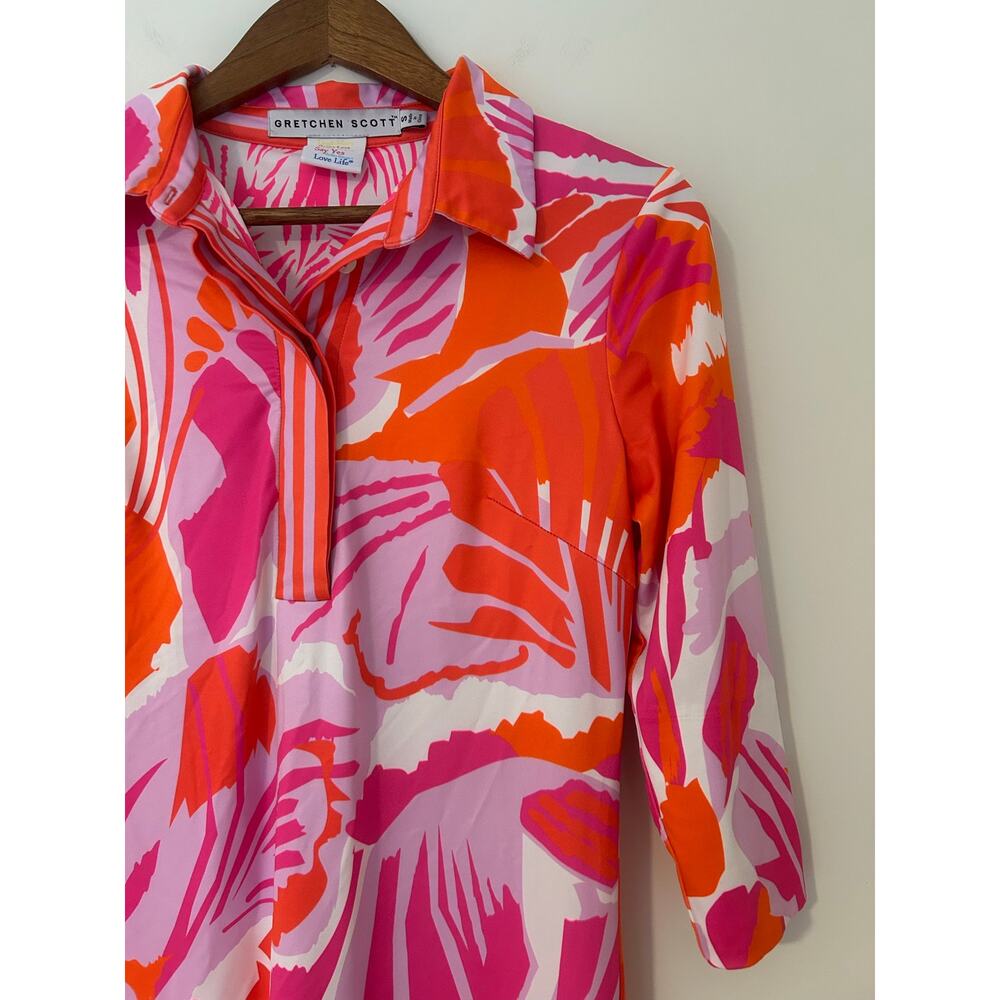 Gretchen Scott S Collared Shirt Dress Pull Over 1/2 Sleeve Pink Orange Botanical - Picture 3 of 8